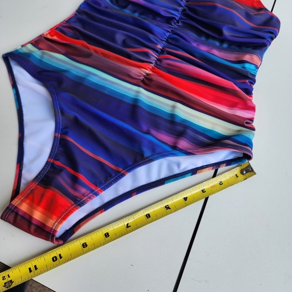 NWOT NOON SWIM Women's Halter 1 Piece Swimming Suit Striped Purple Red Sz 10 - Picture 9 of 16